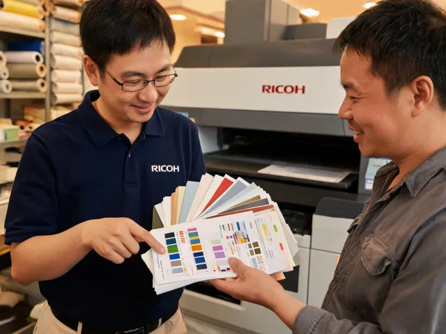Ricoh advisor discussing production print samples with a customer