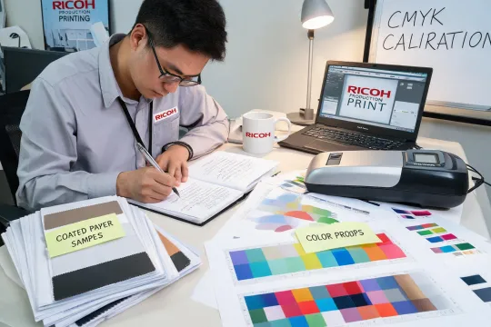 Ricoh engineer writing an application note with printed samples