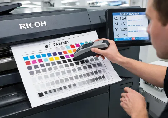 Ricoh color calibration station with printed target sheets