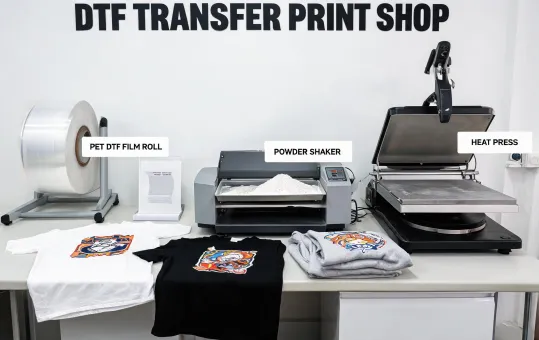 Textile transfer print shop with DTF film and apparel samples