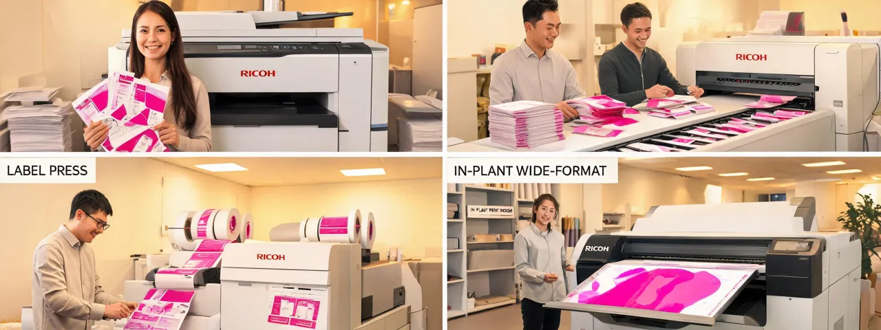 Friendly illustration of commercial print shops using Ricoh equipment