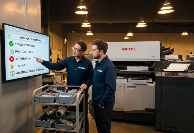 Ricoh technician and press operators reviewing service data